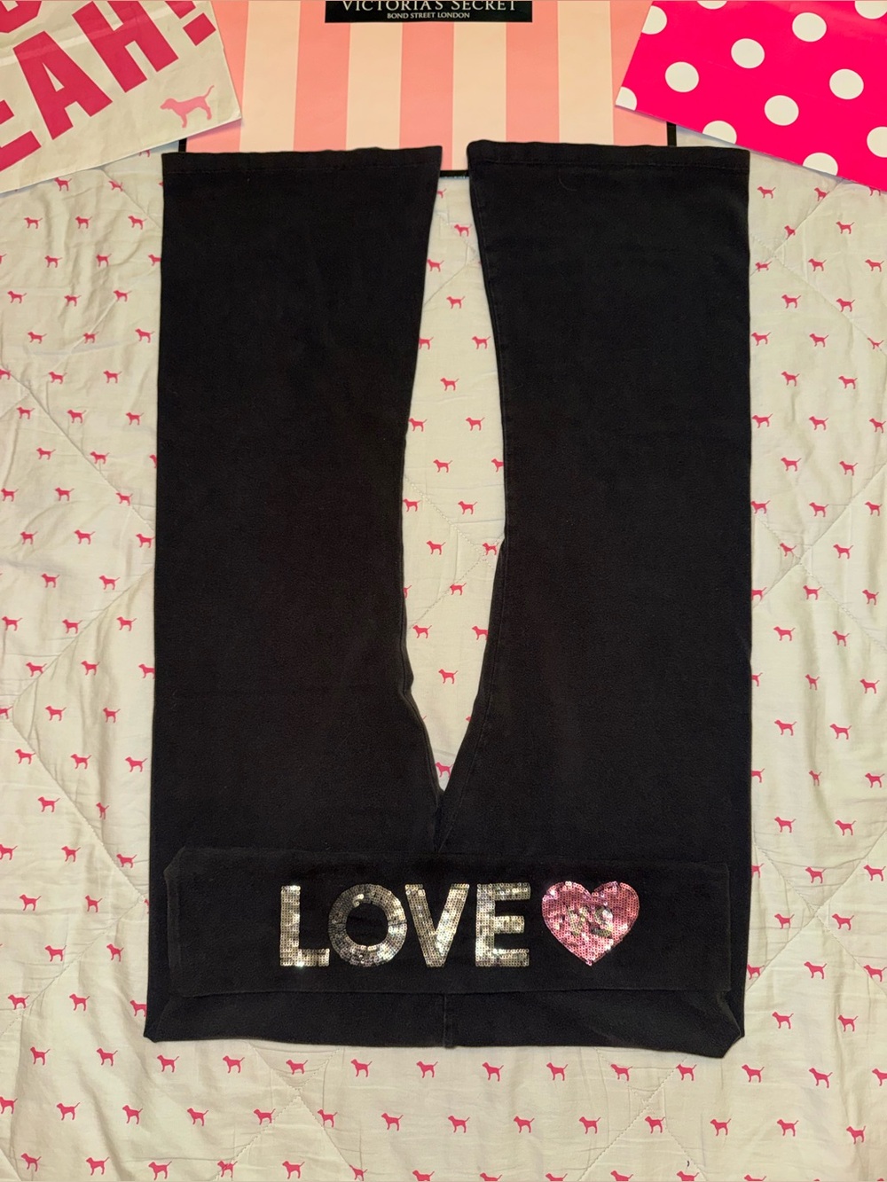 VICTORIA’S SECRET VINTAGE Y2K FOLDOVER FLARE LEGGINGS LOVE HEART BLING LOGO XL/S